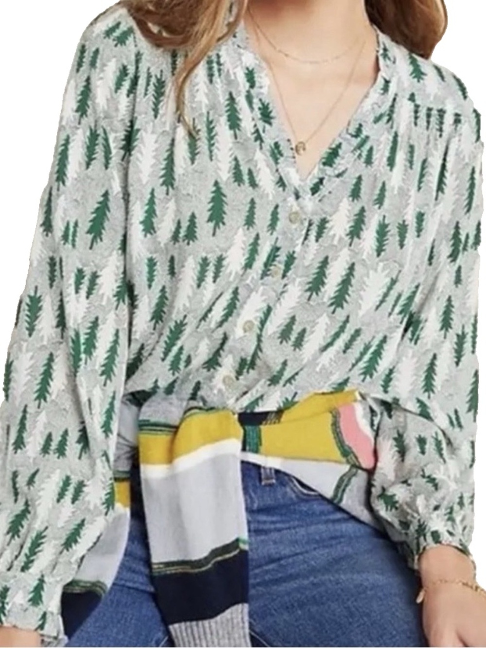 Anthropologie Maeve Size 0 Marisol Tree Print Button Front Blouse Green & White